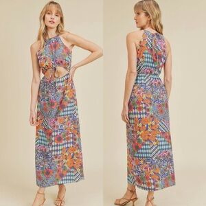 If She Loves Dress Women Small Maxi 70s Floral Cut Out Poppy Reversible  B29